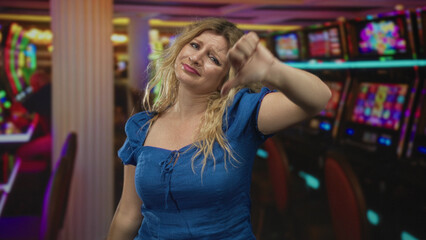 Fototapeta premium Woman giving thumbs down gesture inside casino building near slot machines and gaming chairs; disappointment bad luck.