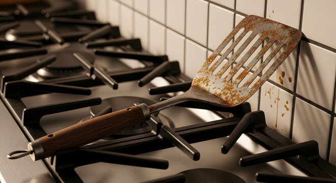 Close-up of a well-used, dirty spatula resting on a gas stove with white tile backsplash