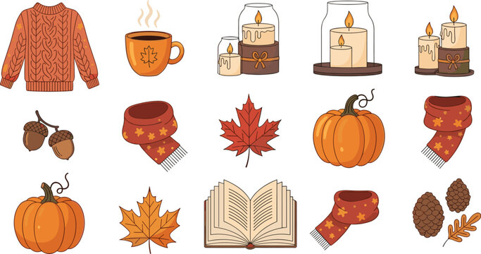 Cozy autumn clipart set with sweater pumpkins candles coffee book leaves acorns and warm fall seasonal elements vector illustration