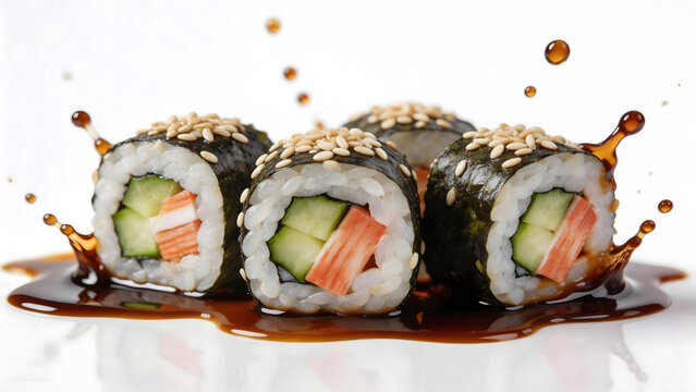 Sushi rolls with sesame seeds and soy sauce