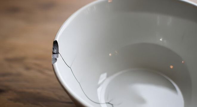 Close-up of a damaged white ceramic bowl with a noticeable crack and chip, highlighting fragility and the concept of imperfection in everyday objects and their stories