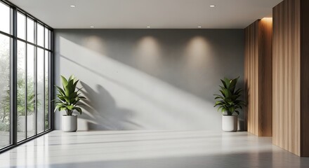 Fototapeta premium Minimalist hotel corridor with plants and natural light