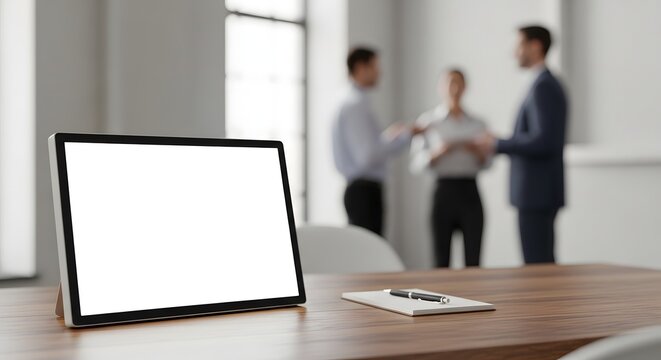 Modern office mockup with blurred background of business professionals