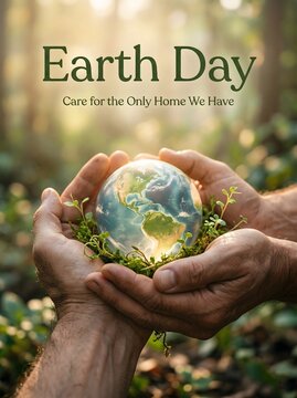 Hands cradle glowing earth globe nestled in green moss symbolizing environmental care and earth day