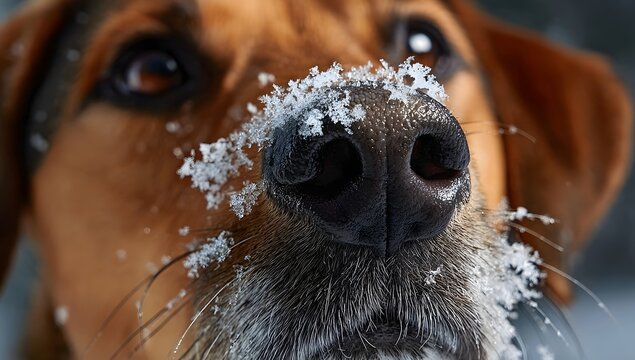
Close-up of a dog's face covered in delicate snowflakes. Focus on the wet, black nose and expressive brown eyes. Winter, pets, cold weather, and adorable concepts.

