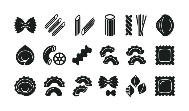 Set of various Italian pasta shapes. Black glyph icons collection for restaurant menu, food packaging or web design. Includes farfalle, penne, fusilli, ravioli.