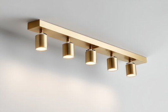 Modern ceiling with sleek golden metal track lights. Spot lighting led system. Closeup Room spotlights for interior design, commercial illumination. Minimalist white surface. Contemporary ambiance