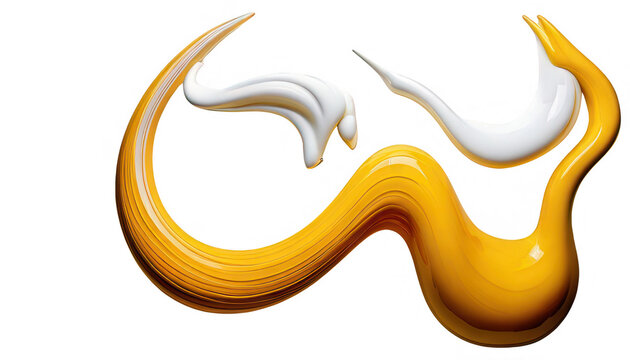 Eleganti pennellate astratte di vernice giallo oro e bianco crema creano un vortice fluido e dinamico su sfondo bianco, evocando creativit&agrave; e design moderno.