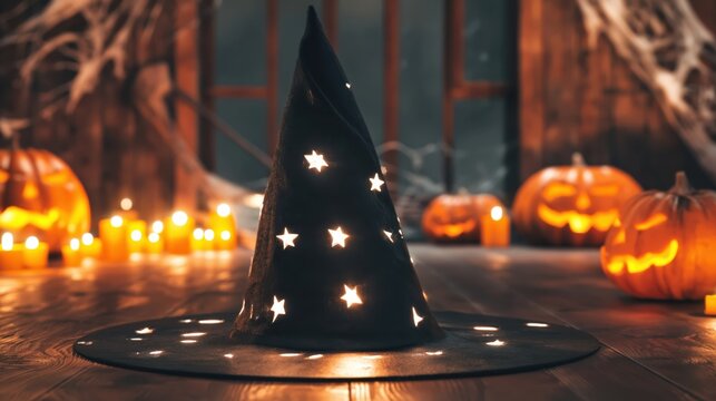 A classic pointed black witch hat decorated with sharp glowing white stars in a detailed spooky Halloween party room with carved pumpkins and candles.