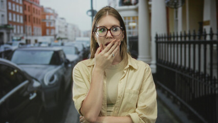 Fototapeta premium Young blonde woman wearing glasses covers mouth with hand on crowded city street; surprise uncertainty.