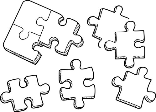 Hand drawn puzzle pieces scattered and partially connected a white background game