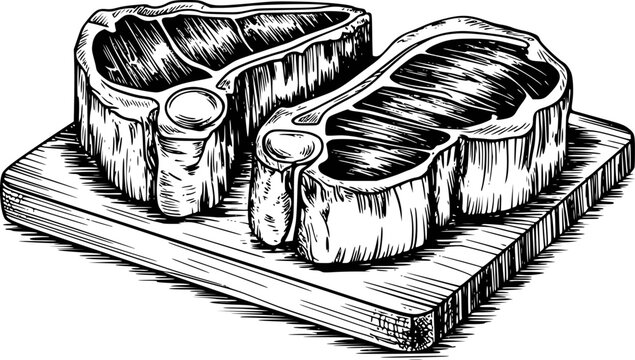 Raw T Bone Steaks Wooden Cutting Board Hand Drawn meat tbone