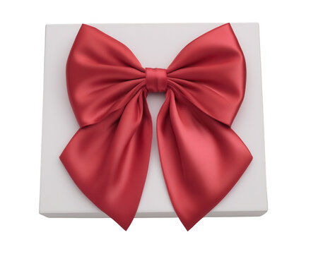 Elegante confezione regalo bianca con un grande fiocco di raso rosso lucido, simbolo di festa e sorpresa, isolata su sfondo bianco.