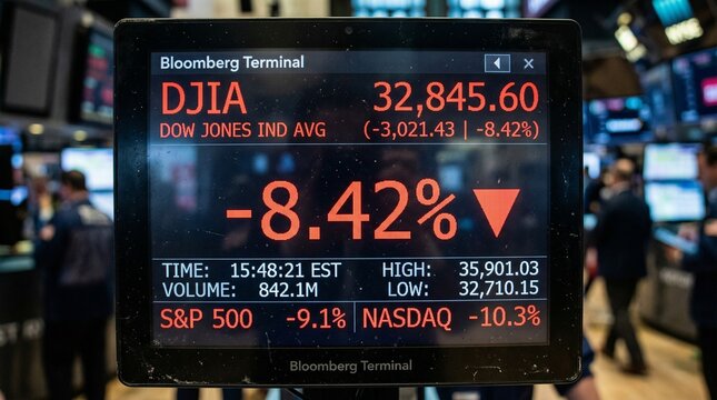 A stock market screen displaying a significant decline in the Dow Jones Industrial Average in a bustling trading floor