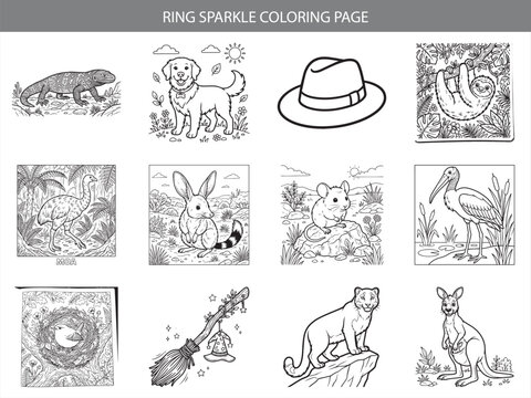 Golden retriever puppy and exotic animal collection for kids coloring page vector illustration set on white background