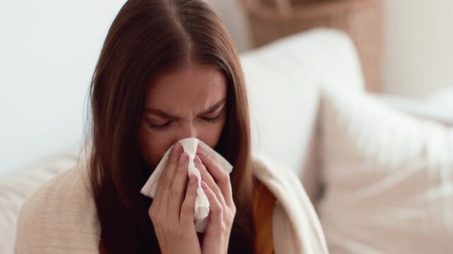 A woman with long brown hair sits on a couch, holding a tissue to her face. She appears to be experiencing discomfort. The living room has soft furnishings and a serene atmosphere.
