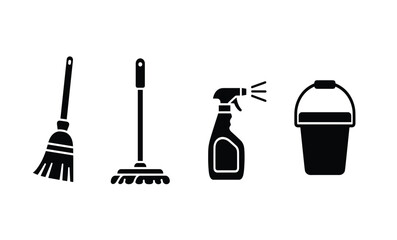 Fototapeta premium Cleaning supplies and trash can icons.