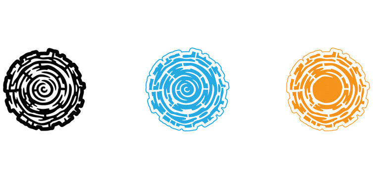 Three stylized spiral designs in different color variations isolated on transparent background, Vector