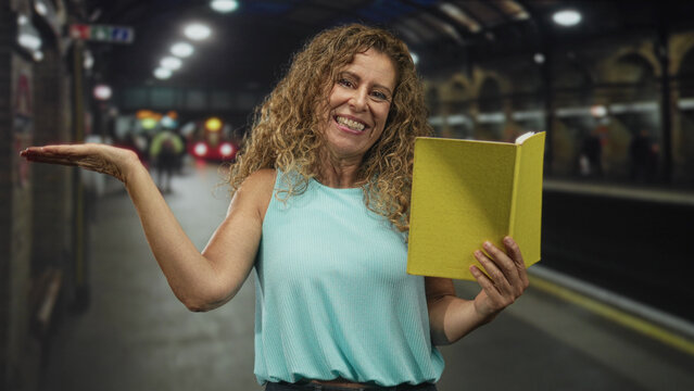 Woman holds yellow book and presents palm up on a subway platform inside a building; joy curiosity learning.