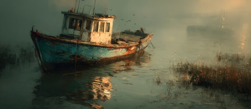 Dilapidated fishing boat rests in calm water under a hazy, dusky sky