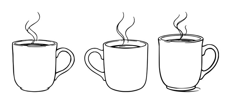 Mug set with black line art of a steaming ceramic coffee mug featuring drinkware, hot beverage, and breakfast with minimalist design and simple illustration