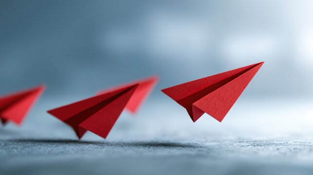Red paper airplanes flying in a line against a soft background