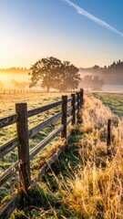Fototapeta premium Serene Morning Landscape with Fence and Fog Over Field and Trees