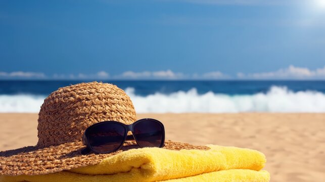 Woven straw sun hat and dark sunglasses resting on a folded yellow beach towel on a sharp tropical beach with crashing white waves, blue ocean, and a clear sunny sky.