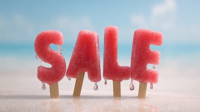 Summer beach sale concept featuring melting fruit popsicle lettering on the sand.