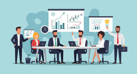 Naklejka premium Business team meeting with graphs and charts on screen