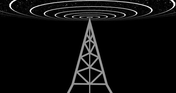 Radio waves tower connective network and signal waves animation. Global networking tower produce expanding arc waves motion graphics and radio waves 