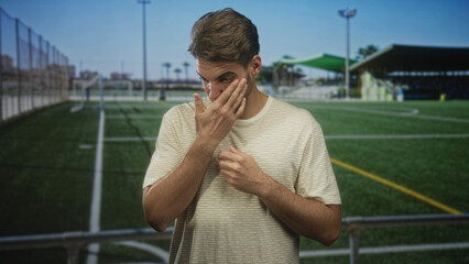 Man touching cheek with hand on outdoor soccer field beside stadium building  toothache discomfort pain. © Krakenimages.com