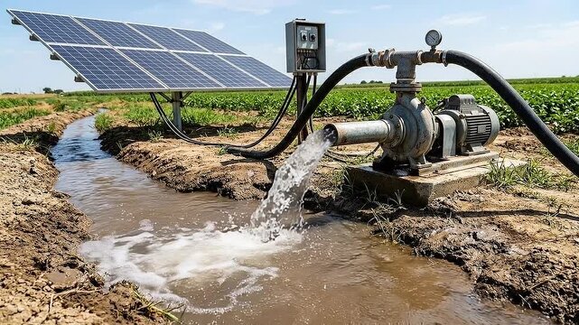 Solar panels powered irrigation pump drawing water from canal into rural field for crop irrigation and sustainable water supply