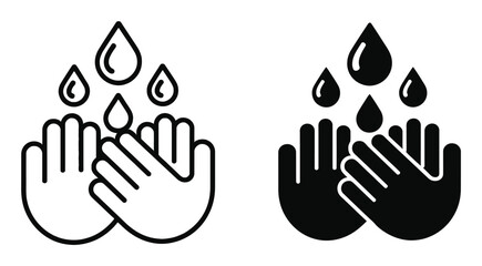 Fototapeta premium Of hands being washed with water drops, in outline and solid fill styles