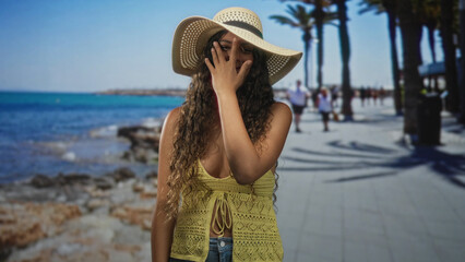 Hispanic teenage woman smiling with sunhat and yellow knitted top and denim jeans on a sunny street promenade by the sea  summer joy. © Krakenimages.com