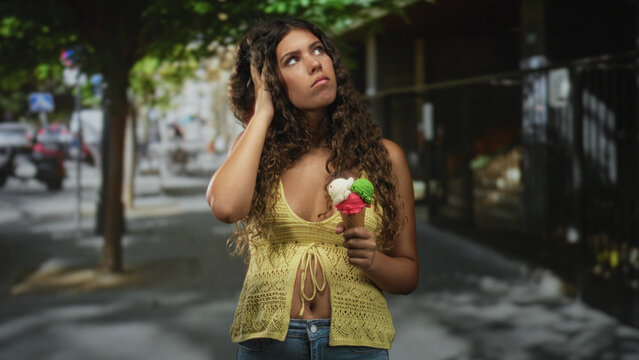 Hispanic teenage woman holding a triple scoop ice cream cone touches hair while gazing upward on a city street; contemplation.