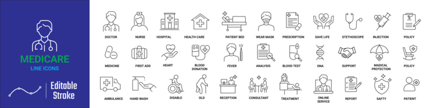 medicare icon collection set. vector line icon for medical need.  vector illustration including doctor, nurse, hospital, health, care, patient, bed,  mask, prescription etc