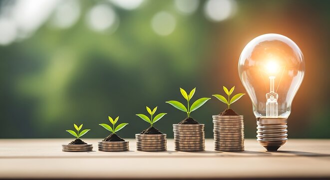 Stacks of coins with growing plants and a lightbulb represent financial growth and innovation