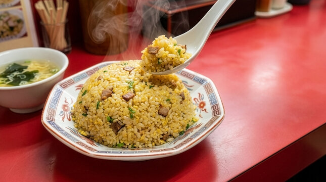 Japanese Style Fried Rice Chahan with Savory Steam and Spoon in a Traditional Machi-Chuka Diner