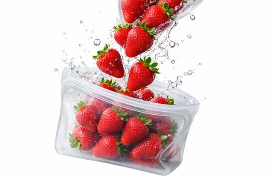 Fresh strawberries falling into a reusable silicone bag with water splashes. Clean and healthy food storage concept. Perfect for grocery, ecological, and nutrition marketing materials.