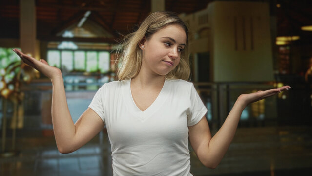 Woman in white tshirt standing palms up shrug at hotel lobby reception area, casual pose and neutral expression; indifference doubt ambivalence.
