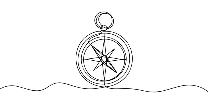 traveller compass continuous one line drawing, Continuous one line drawing of traveller compass. One line drawing illustration of compass navigate and adventure. Navigation, direction, journey concept