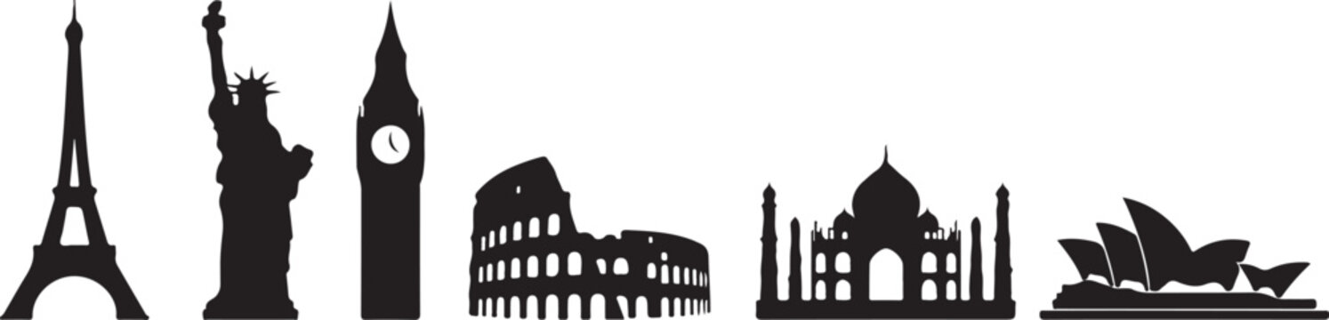 World landmarks silhouette iconic structures in black and white