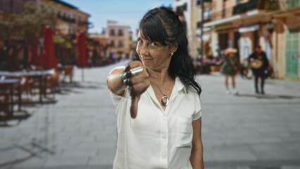Fototapeta premium Woman with thumb down gesture on a street cafe terrace wearing white shirt and necklace; disapproval.
