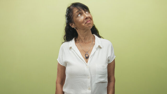 Woman wearing white blouse and pendant necklace looks up showing bare neck with a gentle smile in studio; serenity.