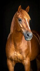 Fototapeta premium Chestnut horse portrait, white stripe, against dark backdrop. Elegant equine looking left