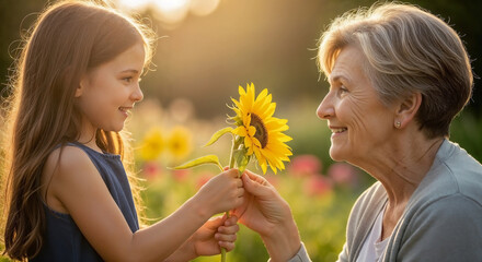 Fototapeta premium Young girl presenting flower to grandmother with bright smile in golden hour. Joyful girl presenting flower to grandmother, sharing tender intergenerational connection.