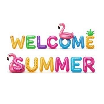 Welcome Summer text made of colorful inflatable pool floats. Vibrant balloon letters with pink flamingo and yellow pineapple shapes on white background.
