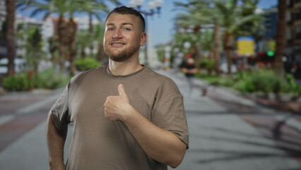 Fototapeta premium Man pointing finger to chest and giving thumbs up on a sunny street lined with palm trees; confidence casual greeting.