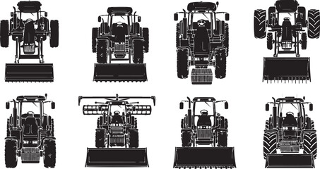 Fototapeta premium Collection of various tractor designs and angles in black silhouette